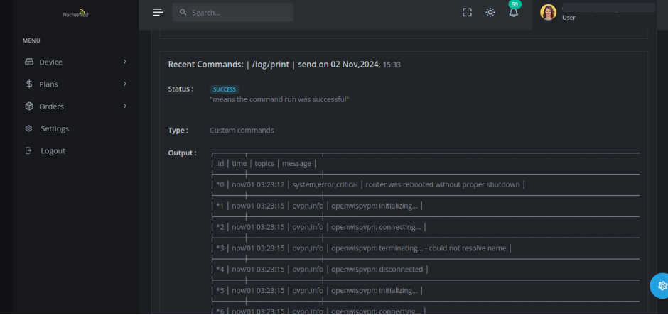 Image showing the result of running a command on the device